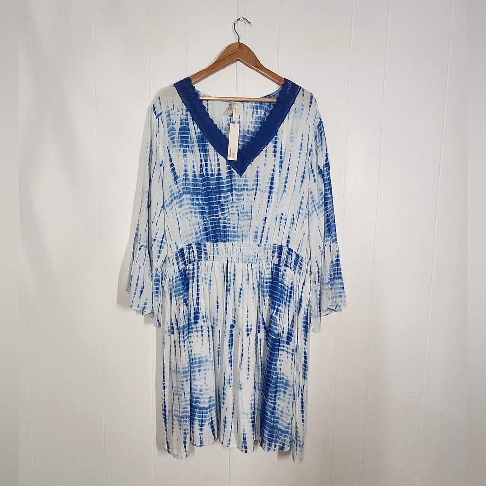 Blue and White Tie Dye Vacation Dress Beach Pool Cover-Up Plus Size 3X NWT